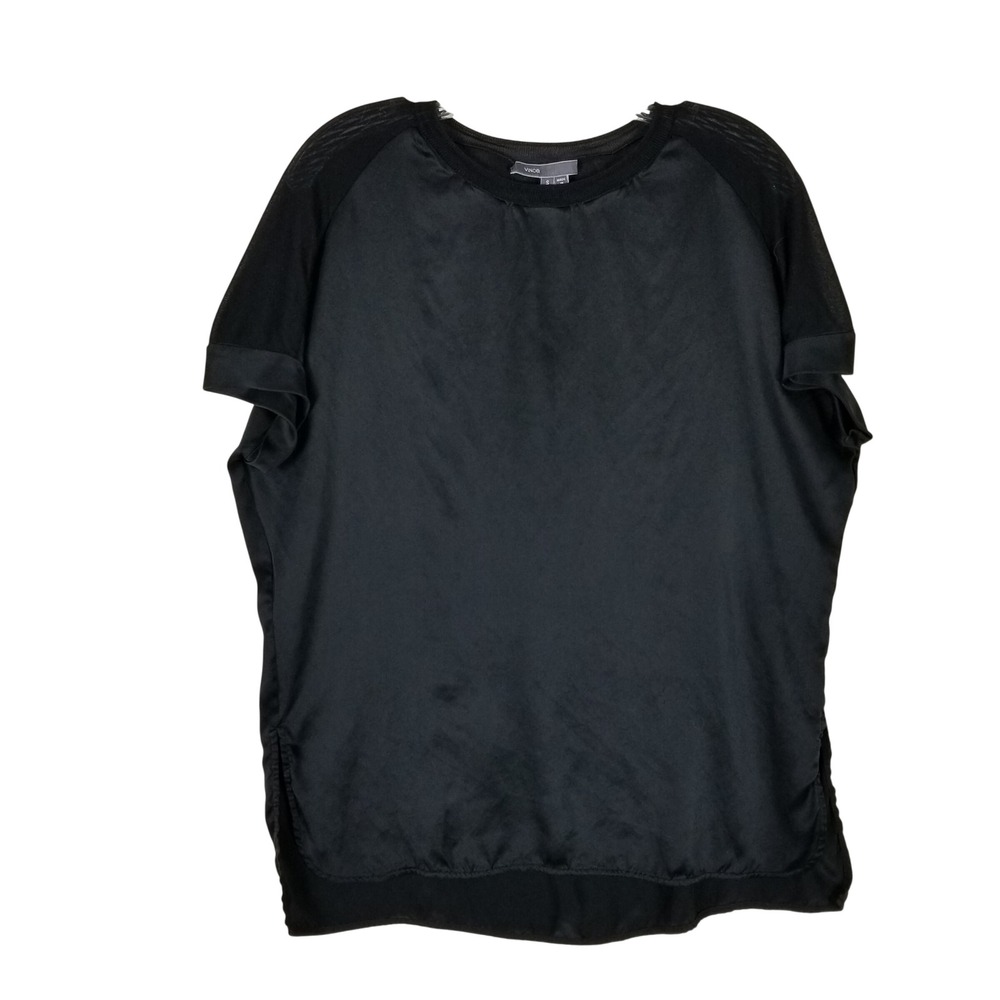Vince Mixed Media Blouse Womens Small Black Sheer Back Satin Short Sleeve Top